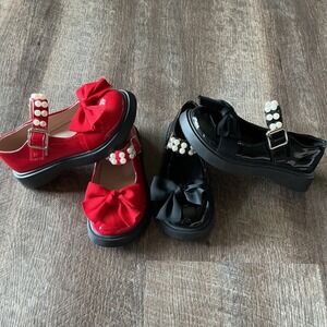 Fashion Mary Jane Platform Bow Pearl Shoes Red Black Patent Lot Size 31